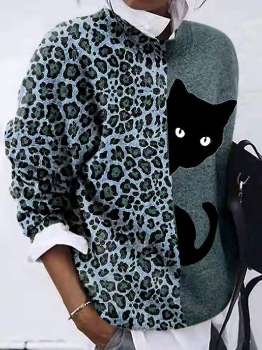 Leopard Cat Crew Neck Long Sleeve T-Shirt Shopvhs.com