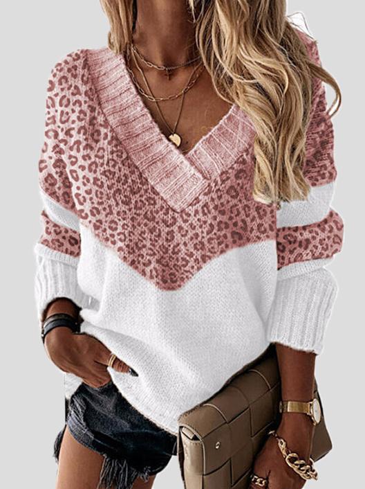 Leopard Print Stitching V-Neck Long Sleeve Sweater Shopvhs.com