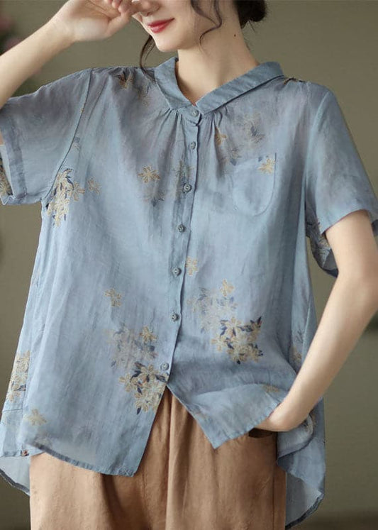 Light Blue Print Linen Blouses Patchwork Pocket Short Sleeve GK-STP220516