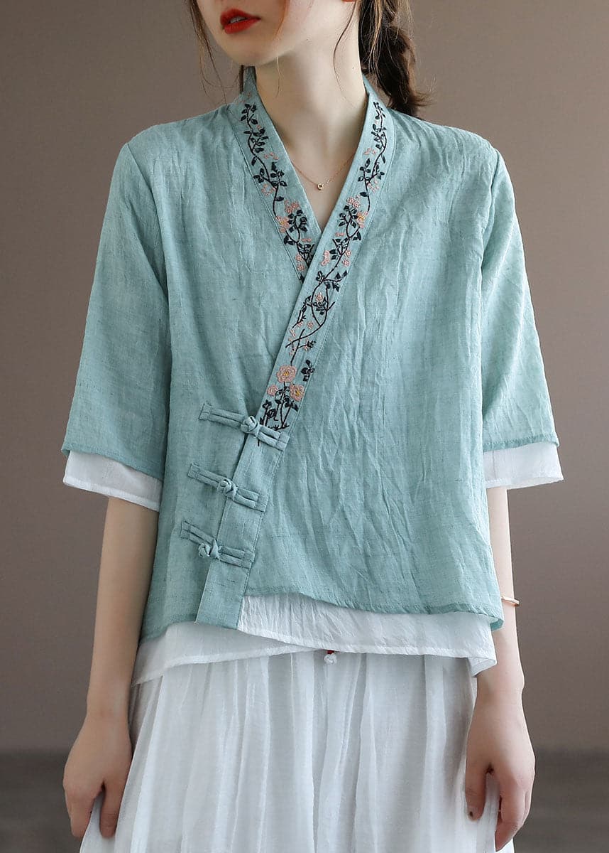 Light Green Fake Two Piece Cotton Shirt Top Embroideried Half Sleeve GK-HTP220512