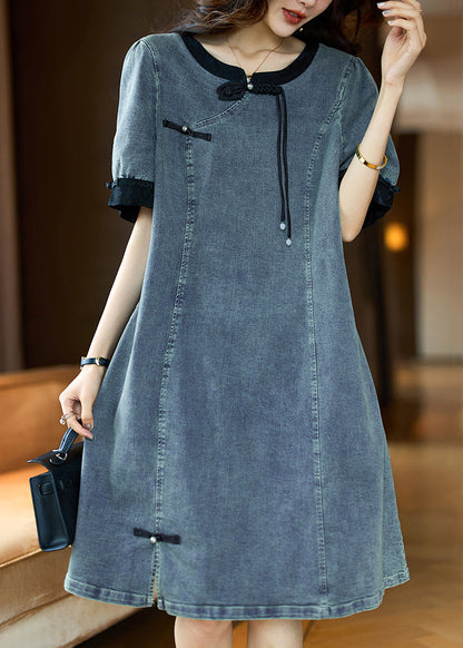 Madelline® | Loose Black O Neck Button Patchwork Denim Dress Summer