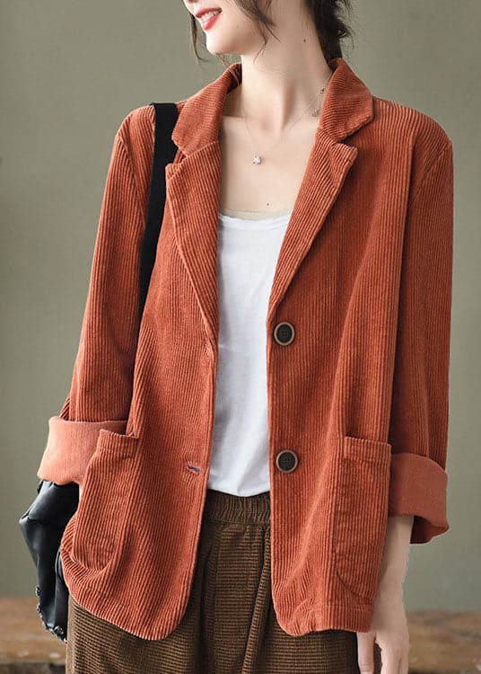 Loose Orange Yellow button pockets Peter Pan Collar Corduroy Coat Long Sleeve GK-CTS220221