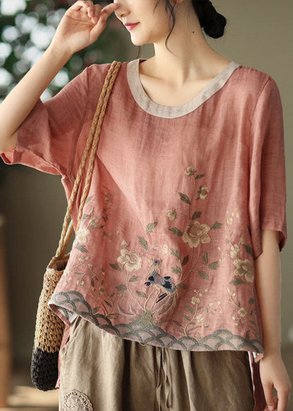 Mirabella® | Loose Pink O-Neck Embroidered Linen Tanks Short Sleeve