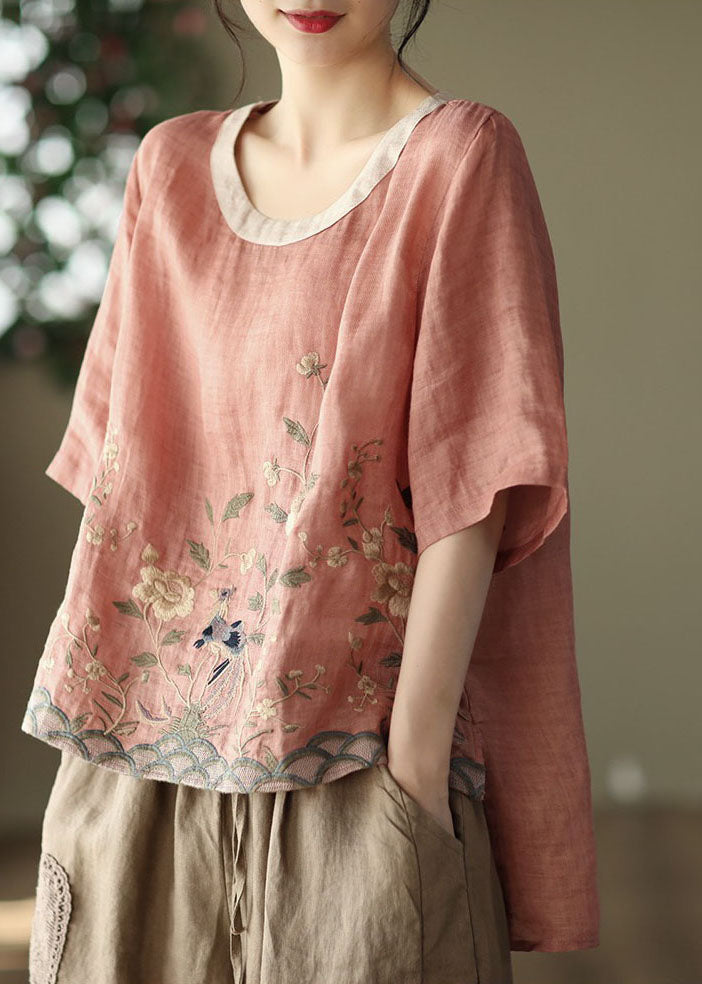 Mirabella® | Loose Pink O-Neck Embroidered Linen Tanks Short Sleeve