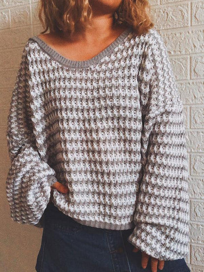 Loose Striped V-Neck Long Sleeve Sweater Shopvhs.com