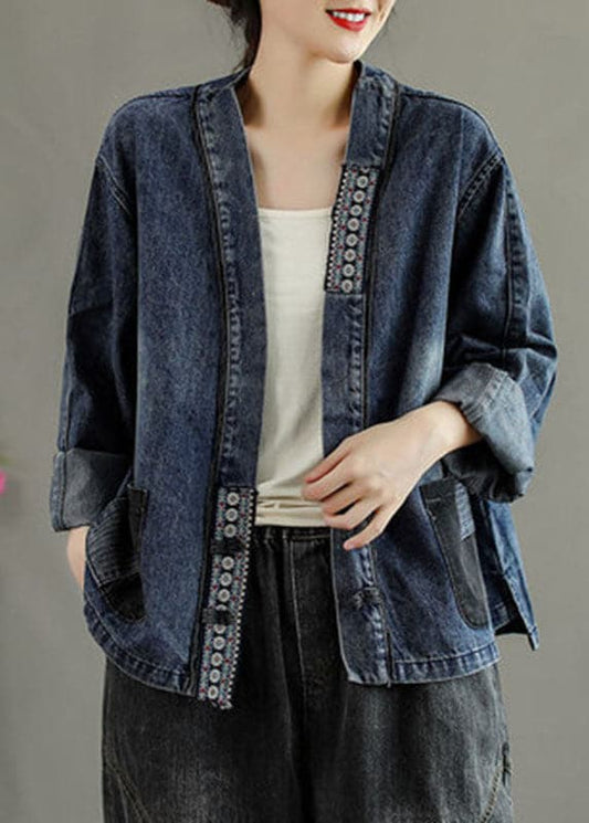 Luxury Black Embroideried Pockets Button Patchwork Fall Denim Coat GK-CTS211015