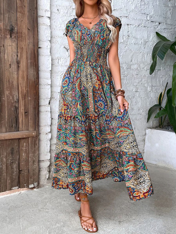 Maxi Dresses- Boho Women's Floral Maxi Dress with Smocked Waist- - Pekosa Women Clothing