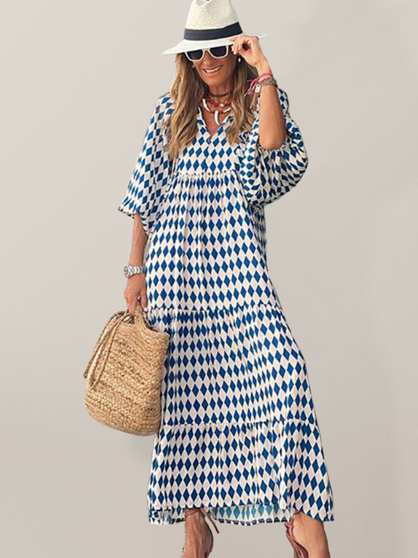 Maxi dress- Geometric Print Puff Sleeve Tiered Holiday Maxi dress- - Pekosa Women Clothing