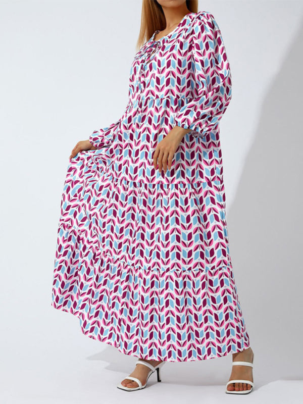 Maxi dress- Geometric Print Puff Sleeve Tiered Holiday Maxi dress- - Pekosa Women Clothing