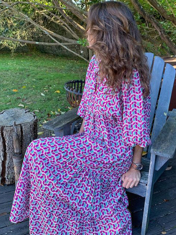 Maxi dress- Geometric Print Puff Sleeve Tiered Holiday Maxi dress- - Pekosa Women Clothing