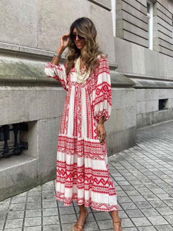 Maxi dress- Geometric Print Puff Sleeve Tiered Holiday Maxi dress- - Pekosa Women Clothing