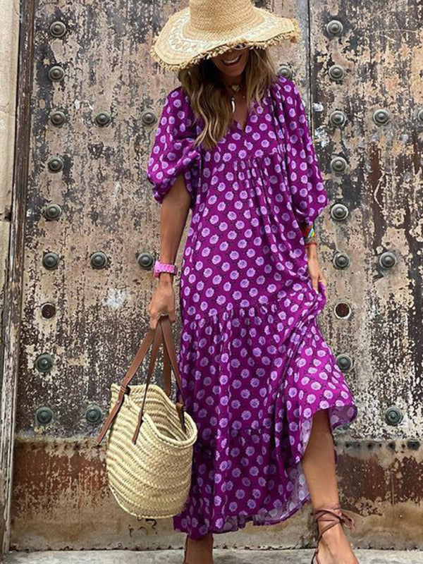 Maxi dress- Geometric Print Puff Sleeve Tiered Holiday Maxi dress- - Pekosa Women Clothing