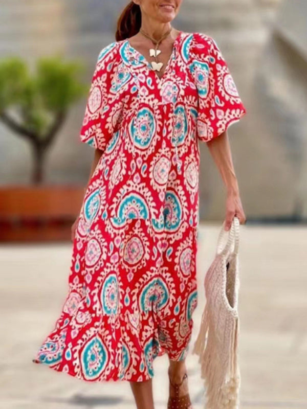 Maxi dress- Geometric Print Puff Sleeve Tiered Holiday Maxi dress- - Pekosa Women Clothing