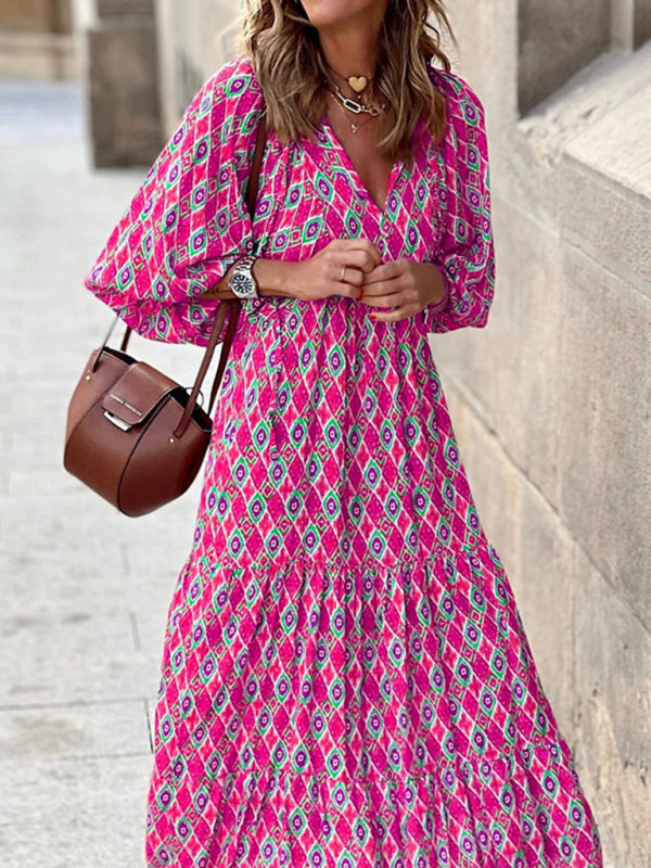 Maxi dress- Geometric Print Puff Sleeve Tiered Holiday Maxi dress- - Pekosa Women Clothing