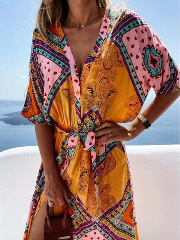 Maxi dresses- Beach Vacation Geometric Belted Wrap Maxi Dress- - Pekosa Women Clothing