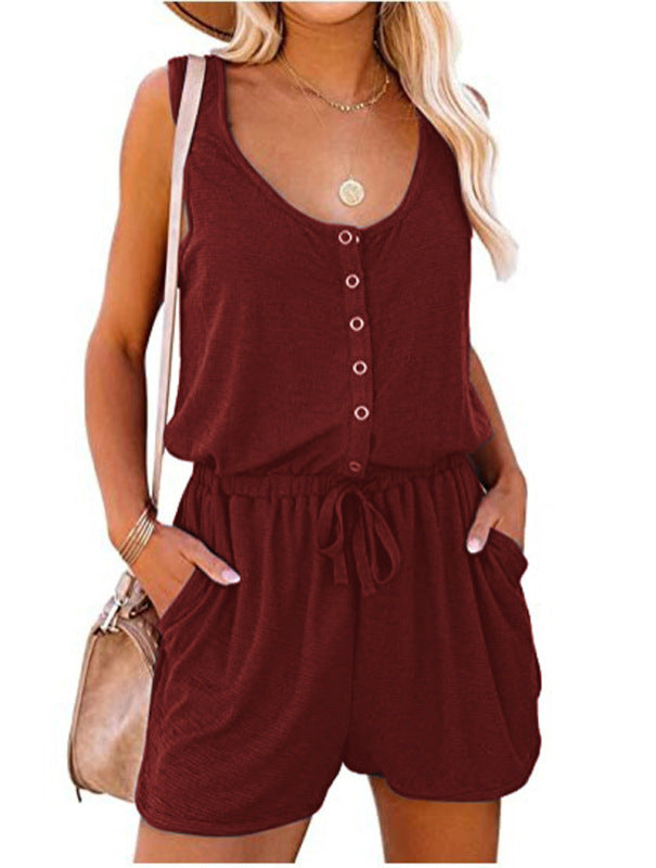 Women’s Sleeveless Romper with Side Pockets and Drawstring Waist in 6 Colors Sizes 4-26 - Wazzi's Wear