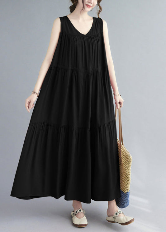 Natural Black Wrinkled Patchwork Long Dress Summer GH1016 Ada Fashion