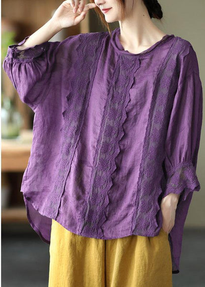 Natural Purple Hollow Out Patchwork Summer Ramie Shirt Top Long Sleeve - SooLinen