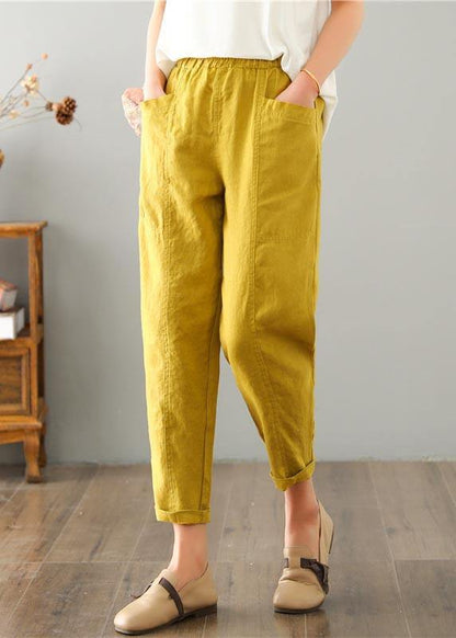 Natural Yellow Pockets Cotton Linen  Pants Summer - SooLinen