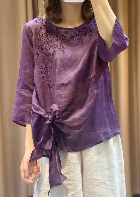 Novelty Purple O-Neck Embroideried Floral Tie Waist Linen Top Long Sleeve gk-LTP220722