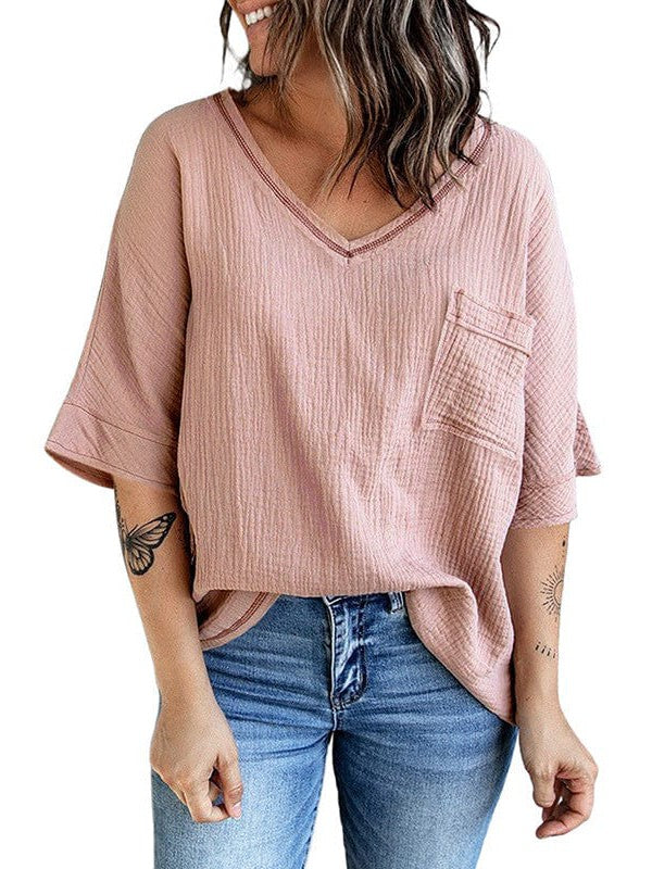 Women's Casual Cotton V-Neck Pullover Shirt with Solid Color Half Sleeves