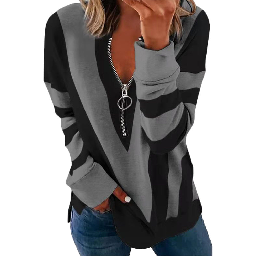 Color-Blue-Autumn Winter Printed Long Sleeve V neck Zipper Casual Loose Sweater Women-Fancey Boutique