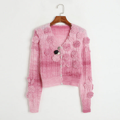 Floral Twisted Mohair Cardigan with V Neck  S Pink-1 