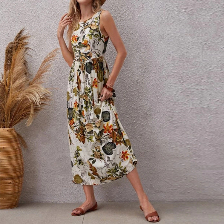 Fashion Floral Print Sleeveless Summer Long Dresses-Dresses-Apricot-S-Free Shipping Leatheretro