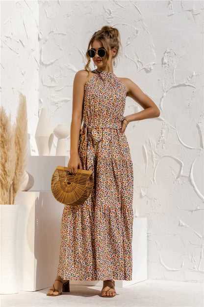 Eleanor| Color Dot Printed Halter Tied Long Dresses