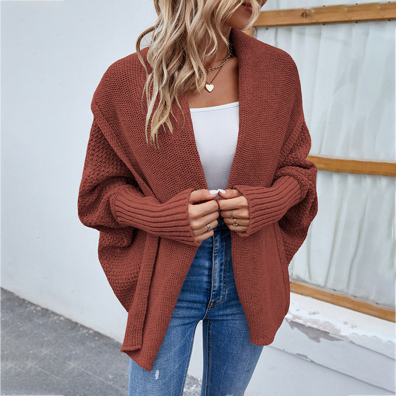 Women's Loose-Fit Knitted Batwing Sleeve Cardigan Coat  L Burgundy 