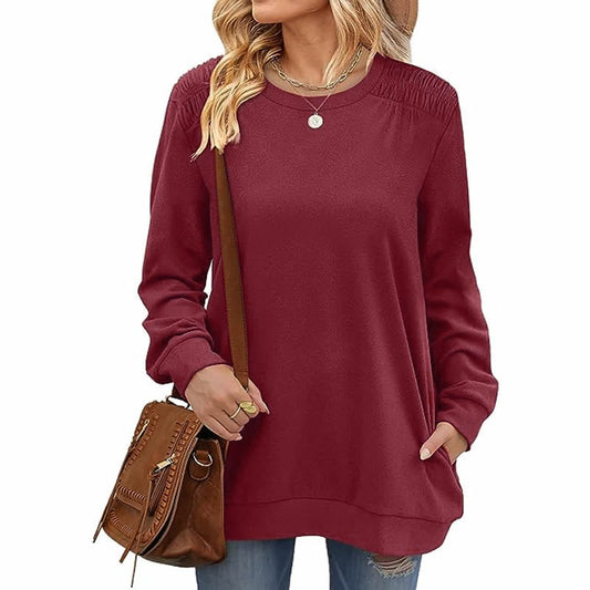 Color-Autumn Winter Solid Color round Neck Loose Casual Long Sleeve T shirt Top for Women-Fancey Boutique