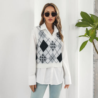 Houndstooth Diamond Plaid Jacquard Vest Sweater Vest Women Autumn Winter Knitwear Women Clothing    