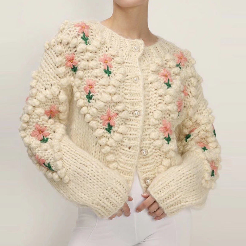 Floral Embroidered Handmade Sweater Cardigan Cozy Coat    