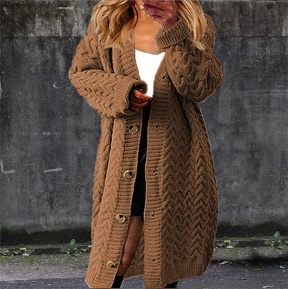 Color-Khaki-Solid Color Loose Long Single-Breasted Thick Twist Thick Knitted Sweater Cardigan Coat Women-Fancey Boutique