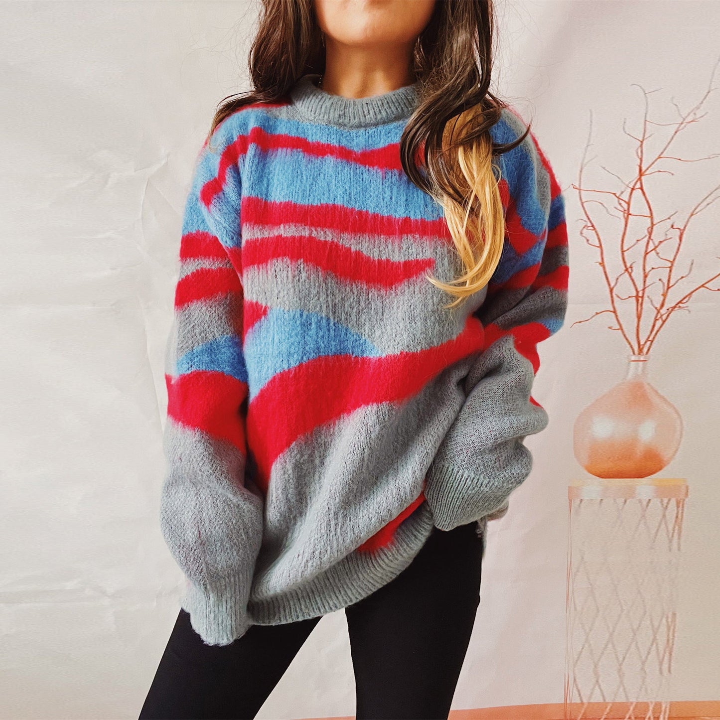 Color-Green-Autumn Winter Irregular Asymmetric Striped Brushed Round Neck Long Sleeve Loose Knitted Pullover Sweater-Fancey Boutique