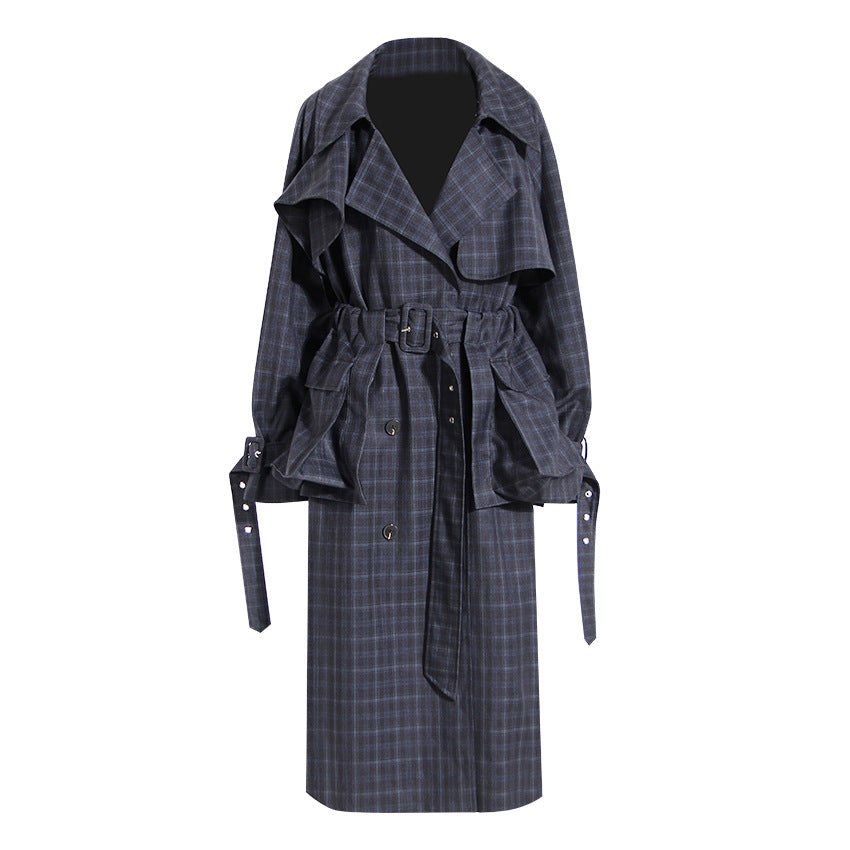 Women's British Plaid Trench Coat with Waist Belt, Large Pockets, and Detachable Lace-Up Detail  S Navy Blue Plaid 