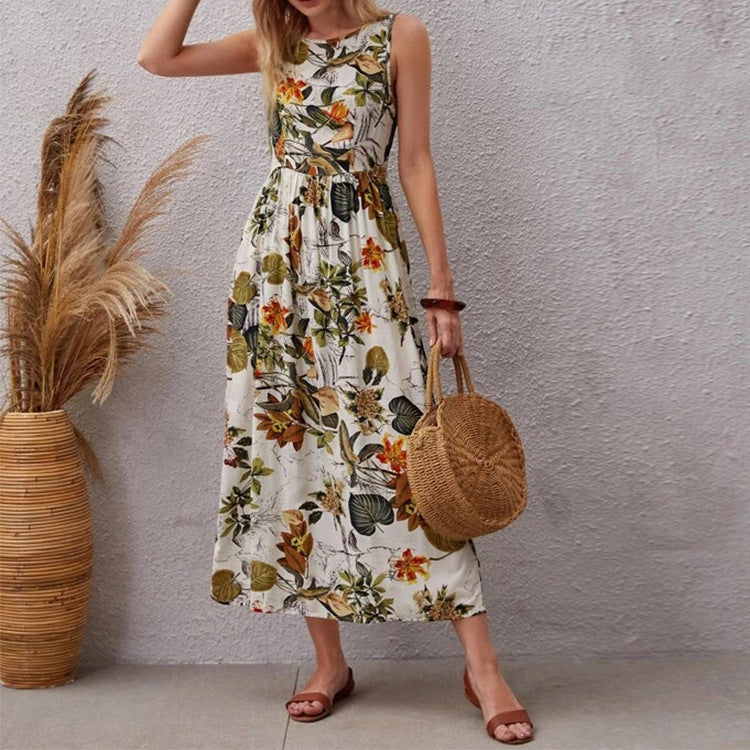 Fashion Floral Print Sleeveless Summer Long Dresses-Dresses-Apricot-S-Free Shipping Leatheretro