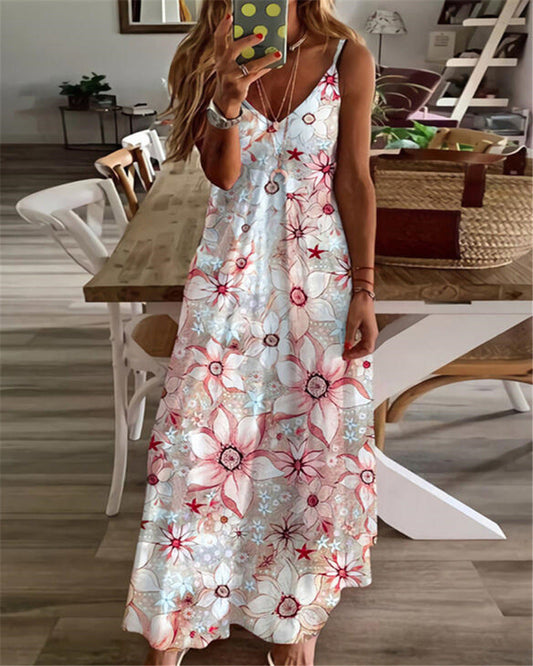 Maya® | Trendy V-Ausschnitt Floral Print Lose Maxi Kleid