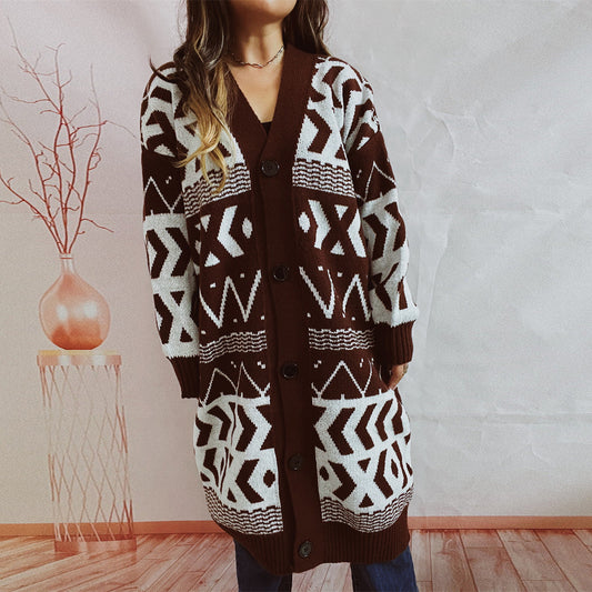 Color-Autumn Winter Women V neck Lengthened Retro Geometric Abstract Long Sleeve Single-Breasted Knitted Sweater Coat-Fancey Boutique