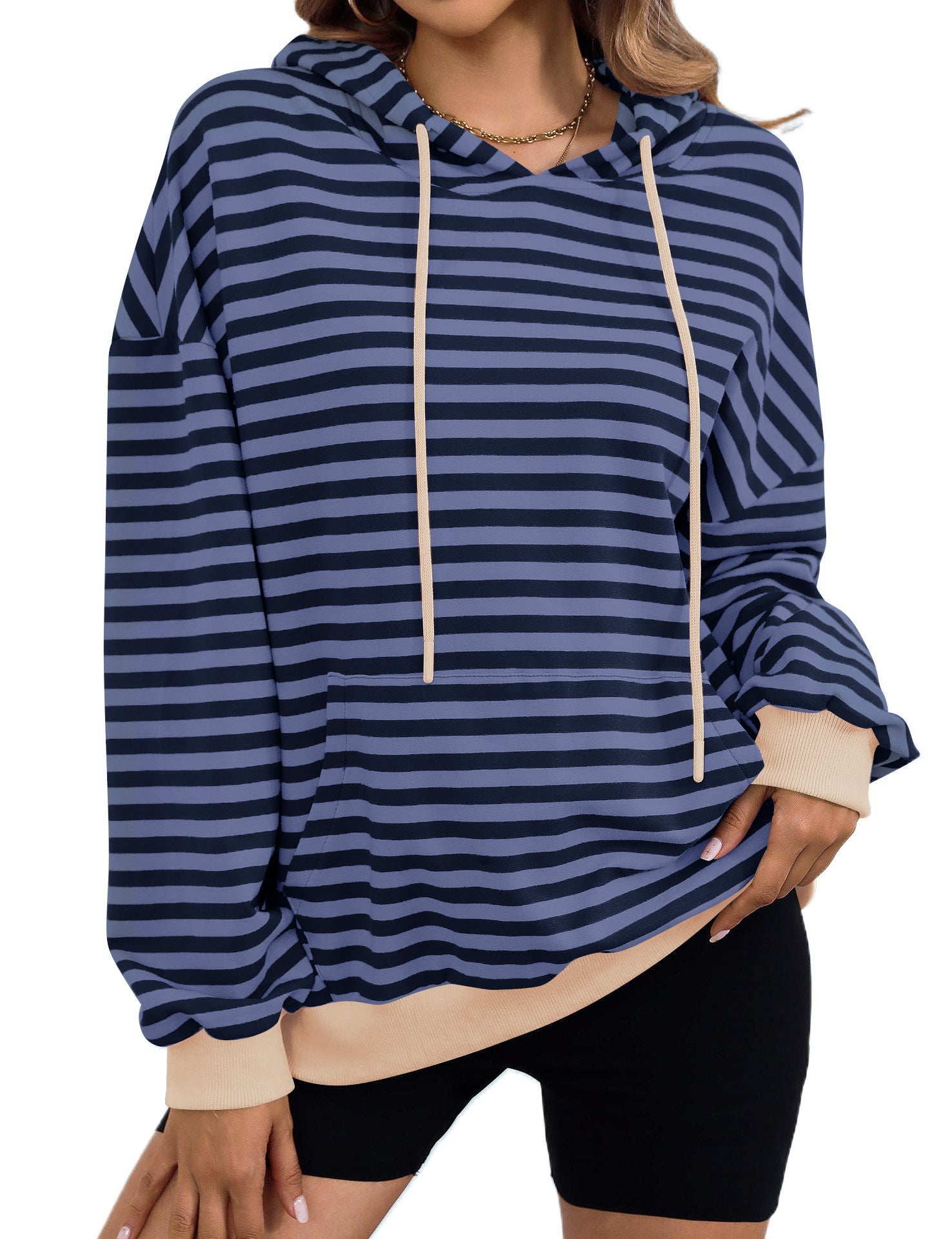 Women's Long Sleeve Striped Hoodie with Kangaroo Pocket