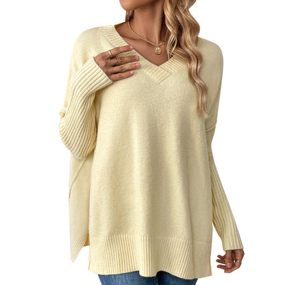 Color-Light Brown-Autumn Winter Pullover Sweater Idle V neck Casual Stitching Long Sleeved Sweater for Women-Fancey Boutique