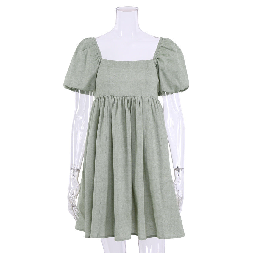 Lovely Linen Square Neckline Mini Dresses-Dresses-Green-S-Free Shipping Leatheretro