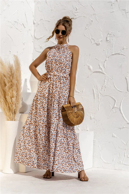 Eleanor| Color Dot Printed Halter Tied Long Dresses