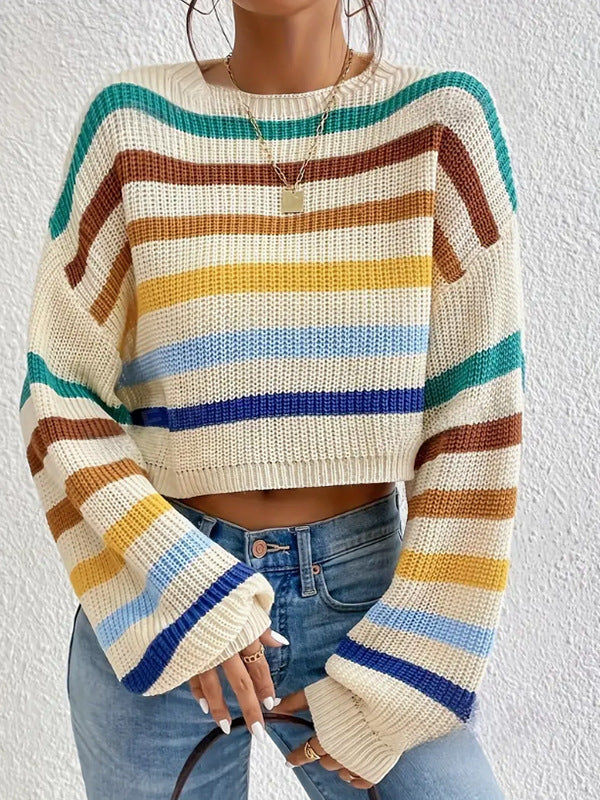 Autumn Winter Women Sweater Pullover round Neck Classic Striped Sweater Loose Casual Top Women-Fancey Boutique