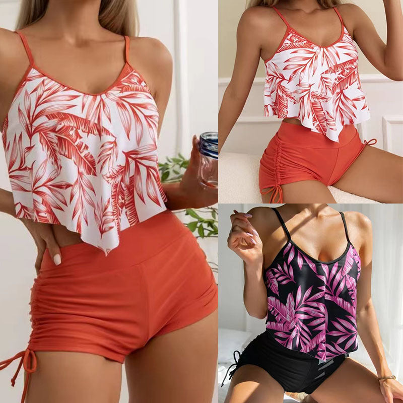 Sexy Leaf Print Two Pieces Women Swimsuits-Swimwear-Orange-US 2-US 4-Free Shipping Leatheretro