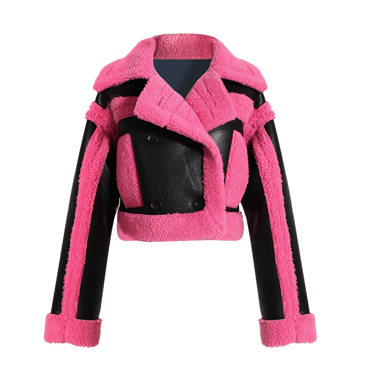 Stylish Pink Faux Fur Motorcycle Jacket with Big Collar  S Coral Red 