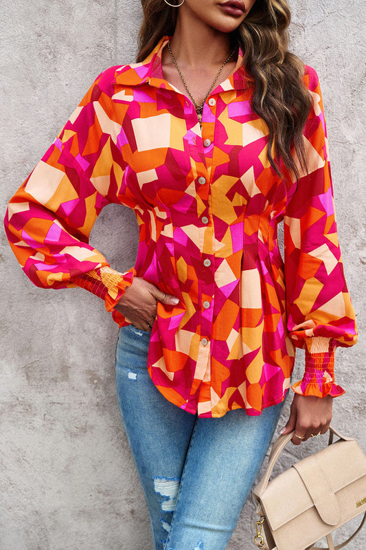 Belted Printed Lantern Sleeve Shirt