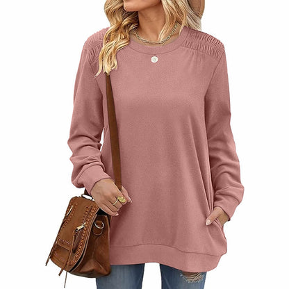 Color-blackish green-Autumn Winter Solid Color round Neck Loose Casual Long Sleeve T shirt Top for Women-Fancey Boutique