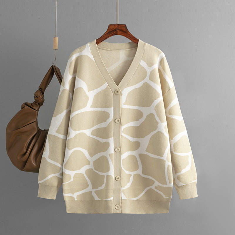 V-Neck Jacquard Sweater with Animal Print Pattern and Long Line Baggy Coat  One Size Khaki 