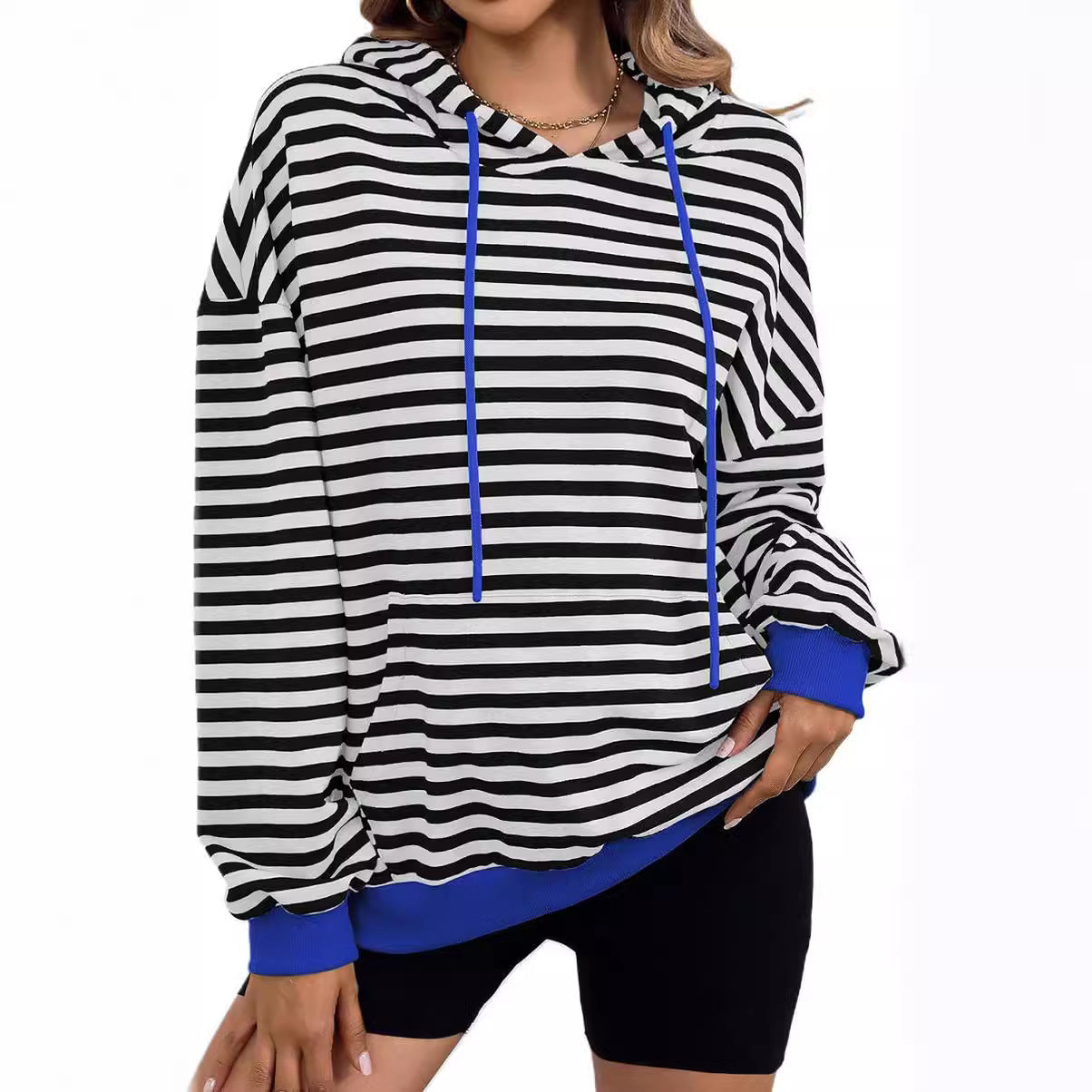 Women's Long Sleeve Striped Hoodie with Kangaroo Pocket